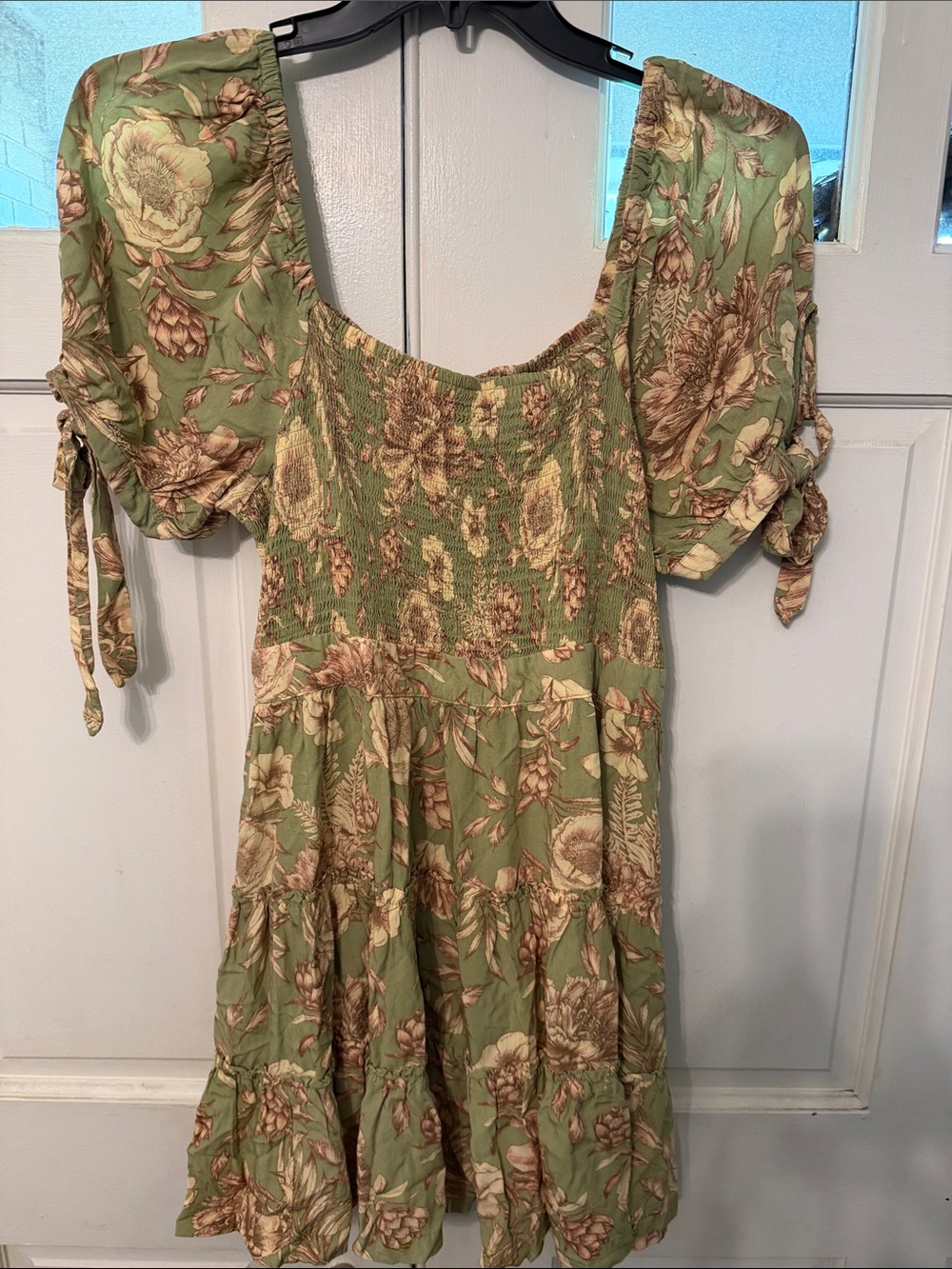 Agua Bendita Sage Green Floral Smocked Midi Dress